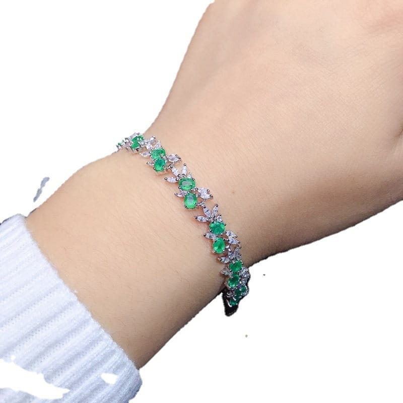 925 silver inlaid natural emerald bracelet with extended chain Women's bracelet TikTok supply wholesale