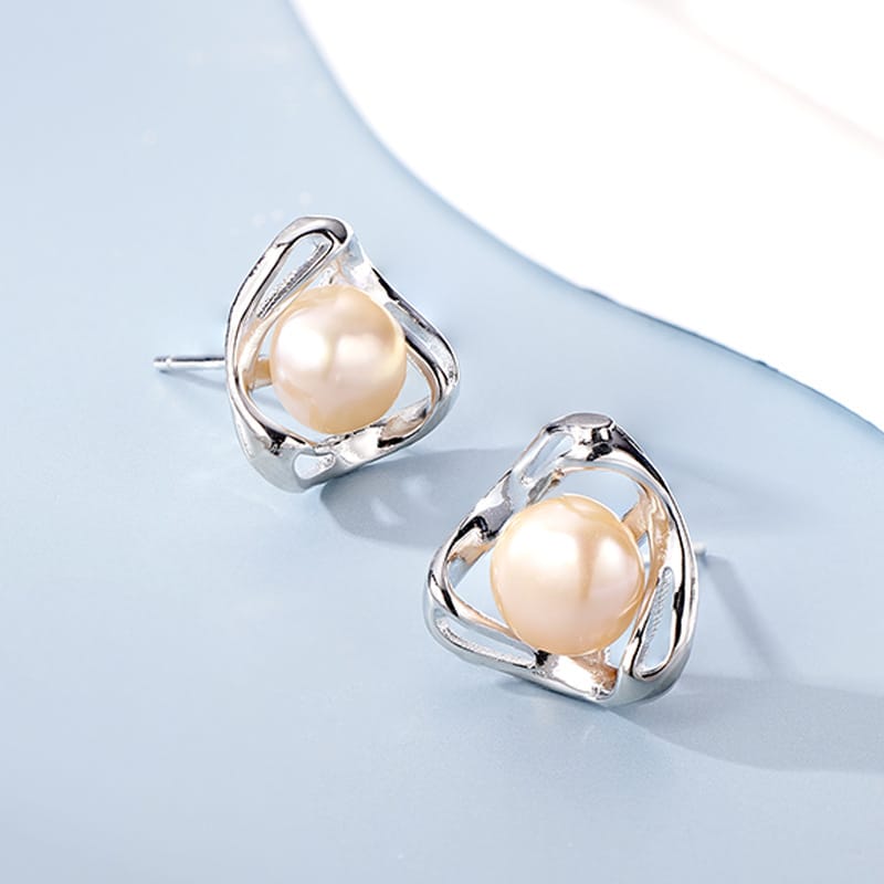 Natural Freshwater Pearl Earrings Triangle Hollow Pearl Earrings Niche Design Fashion Simple Earrings S925 Silver Needle