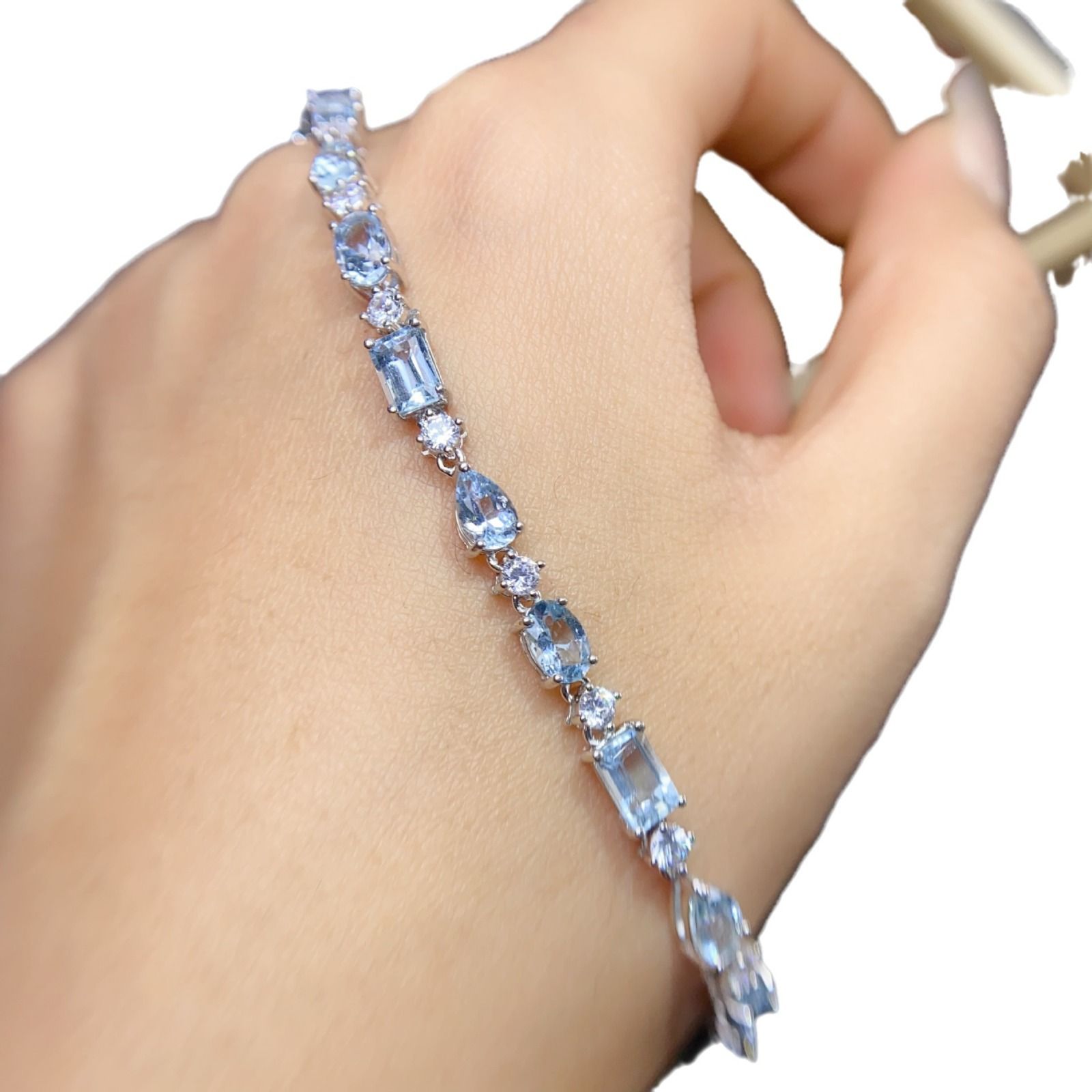 Fresh natural aquamarine bracelet 925 silver wholesale Women's bracelet 6*4*5mm crystal clean supply