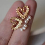 Natural Freshwater Rice-shaped Pearl Earrings Hollow Love Lace Exquisite Court Style Earrings Women's Fashionable Light Luxury Earrings