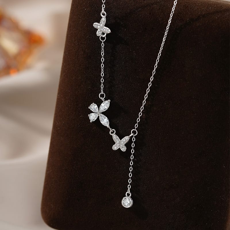 S999 Silver Butterfly Tassel Necklace Women's New Arrival Light Luxury Niche Korean Style Sweet Cute Necklace 