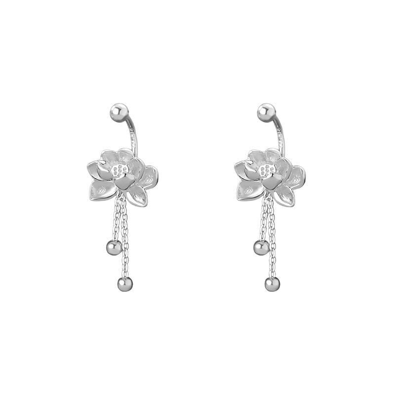 Po S999 Silver Lotus Tassel Screw Earrings Retro Women's Light Luxury New Chinese Design Exquisite Earrings for Hair