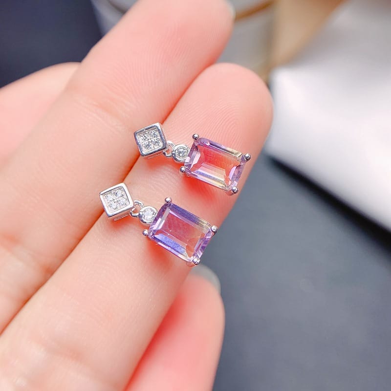 New amethyst stud earrings 925 silver inlaid Women's stud earrings 