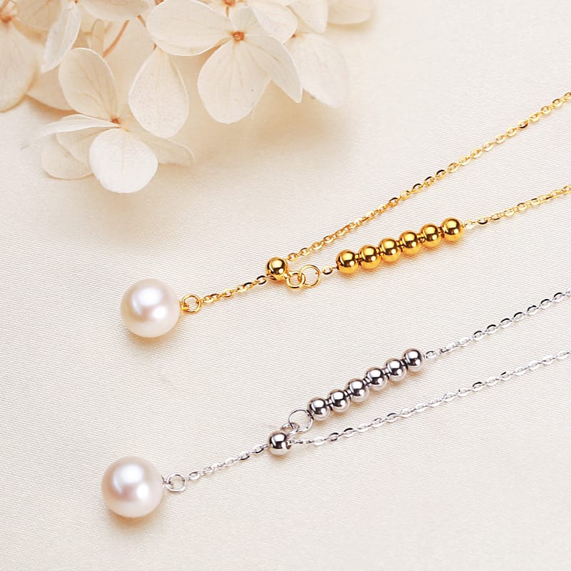 Jewelry 7mm round pearl S925 silver necklace Y chain pearl necklace clavicle chain freshwater pearl necklace
