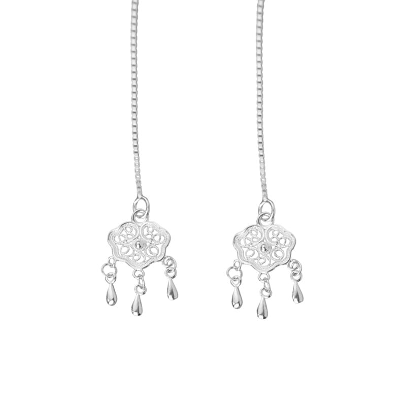 Po S999 Foot Silver Long Ping An Lock Tassel Ear Line Women's Elegant Niche National Style New Chinese Earrings