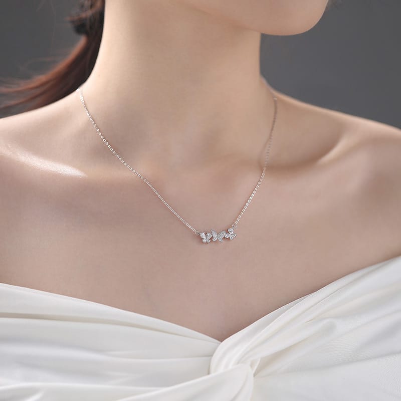 Po S999 Foot Silver Three Butterfly Necklace Small Fresh Artistic Sweet Temperament Mori Girl Clavicle Chain Generation Hair