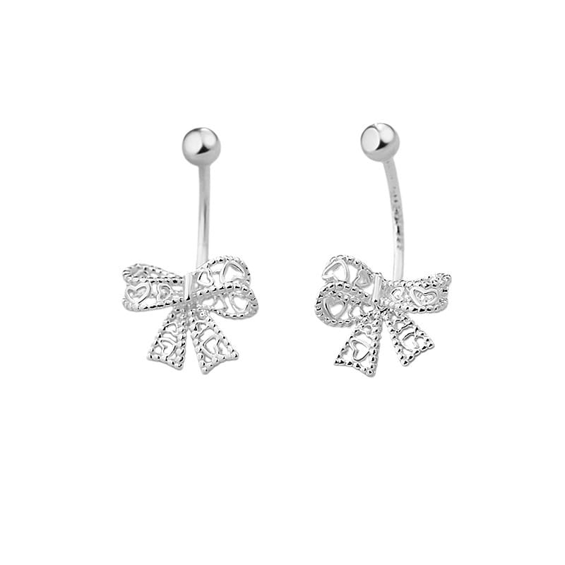 Po S999 Foot Silver Hollow Bowknot Screw Earrings Fresh and Sweet Artistic Gentle Wind Anti-dropping Earrings