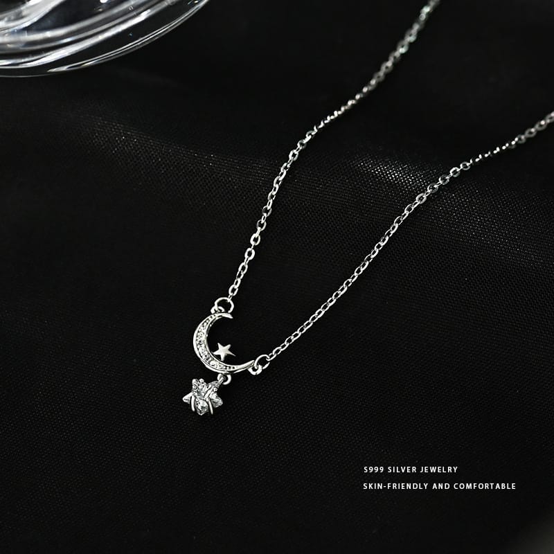 Aobao S999 pure silver exquisite light luxury high-grade star and moon necklace super shiny fashionable exquisite small niche clavicle chain