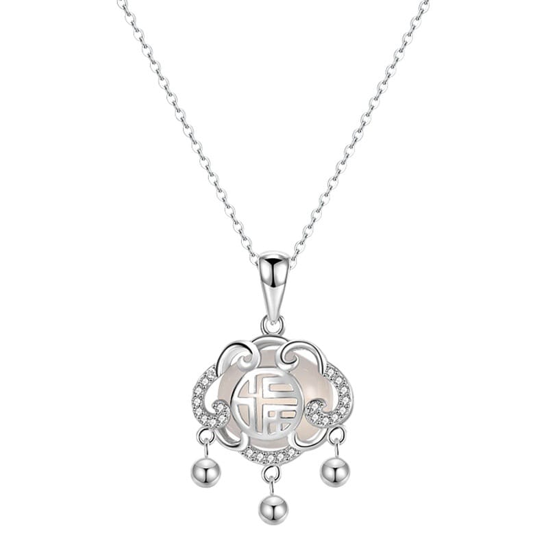 S999 Silver Smart Small Round Bead Tassel Pendant Women's Ruyi Lock White Chalcedony Necklace Advanced Long Life Lock