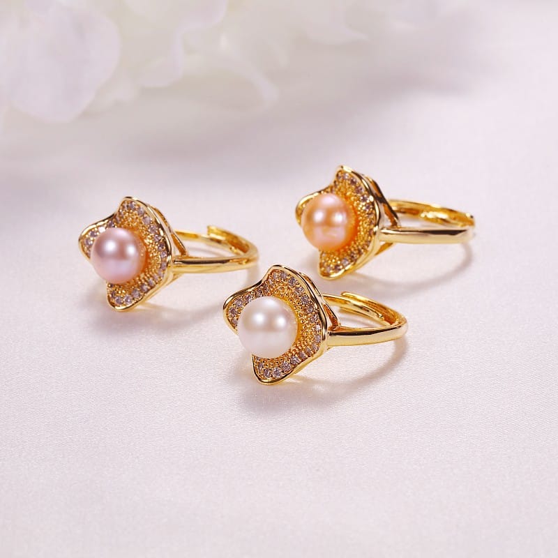 Pearl Jewelry Opening Adjustable Ring Real Gold Electroplated Micro-inlaid Zircon Freshwater Pearl Ring