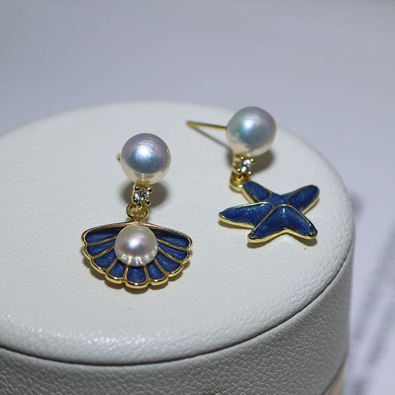 Natural Freshwater Pearl Earrings Blue Shell Starfish Earrings Necklace Advanced Sense Earrings Female Niche Elegant Earrings