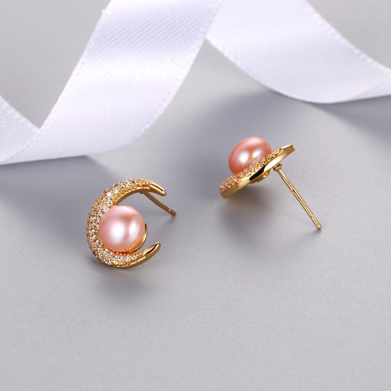 Sun Moon Star Freshwater Pearl Earrings Moon-shaped Zircon Earrings Japanese and Korean Simple Fashion Personality Earrings New