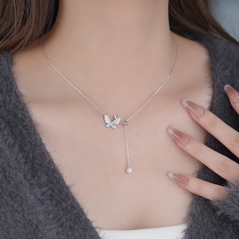 Po S999 Silver Autumn and Winter Explosions Butterfly Pearl Necklace Temperament Sweet Fresh Niche Sweater Chain for Hair