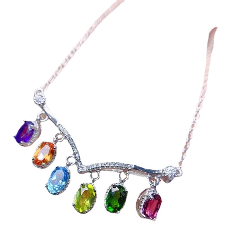 Topaz Diopside Peridot Citrine Amethyst Pinky Topaz 925 Silver Lady Clavicle Chain Necklace