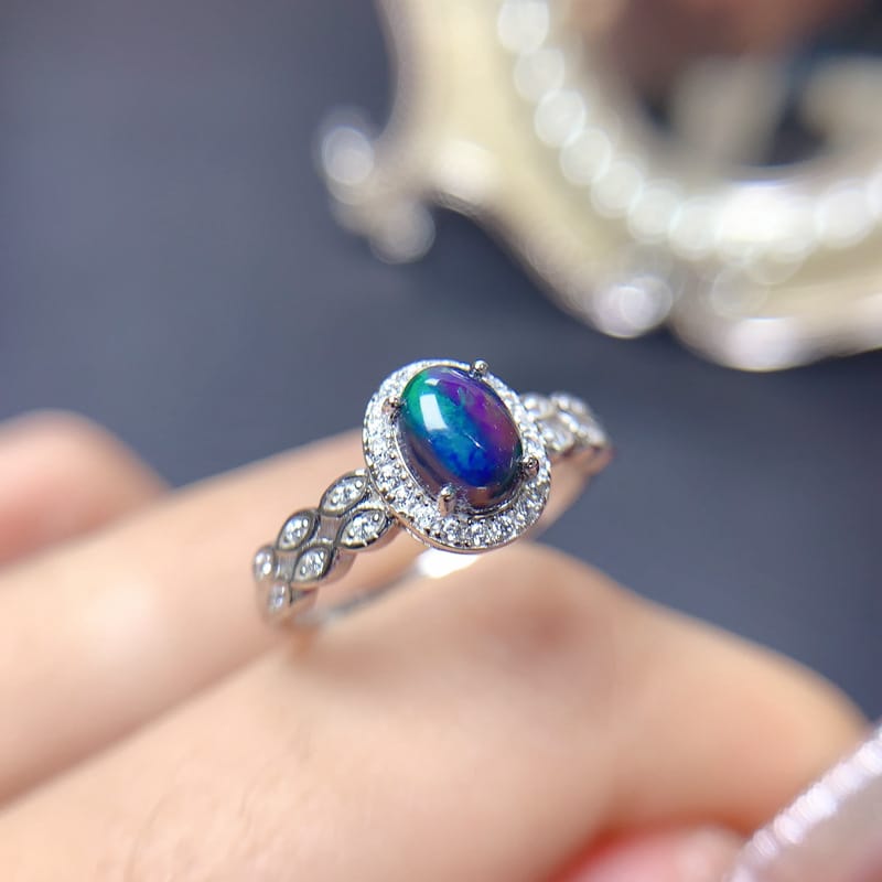 European and American design natural black opal ring wholesale 5*7mm fire color good manufacturing 925 silver live mouth ring