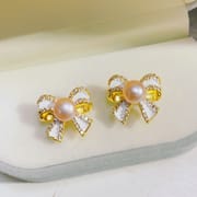 Natural Freshwater Bow Zircon Pearl Earrings High Fashion Design Sense Earrings Elegant Personality Hot Selling