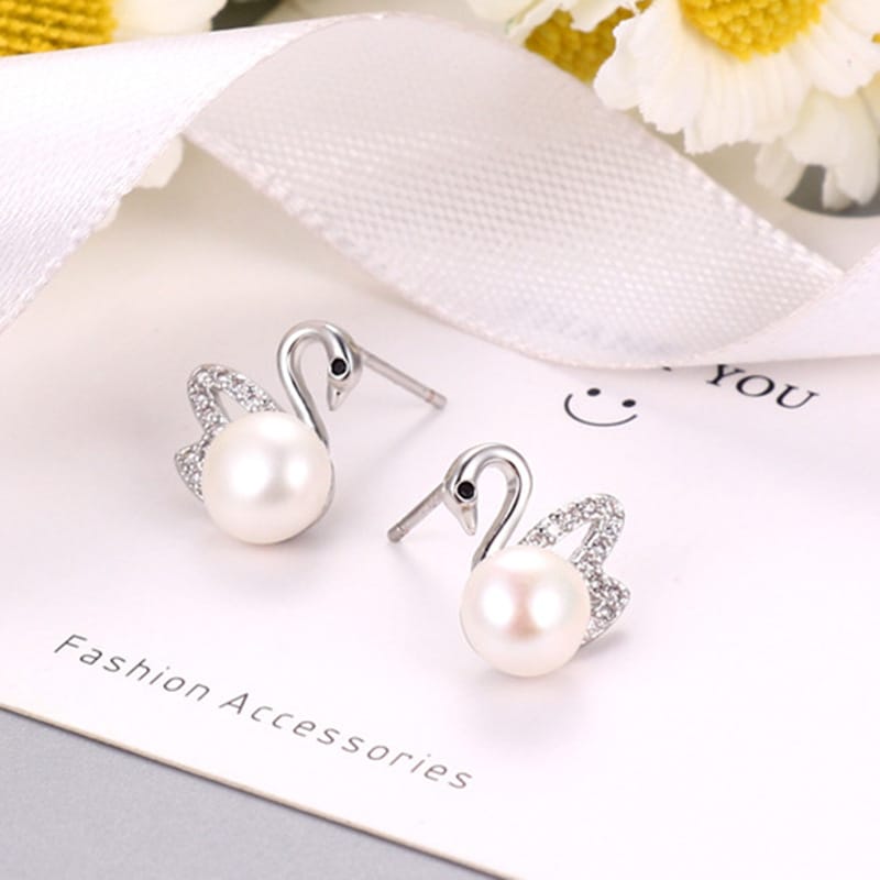 Natural Freshwater Pearl Earrings Swan Micro Set Zircon Classic Ear Studs Elegant Light Luxury Niche Earrings New Women