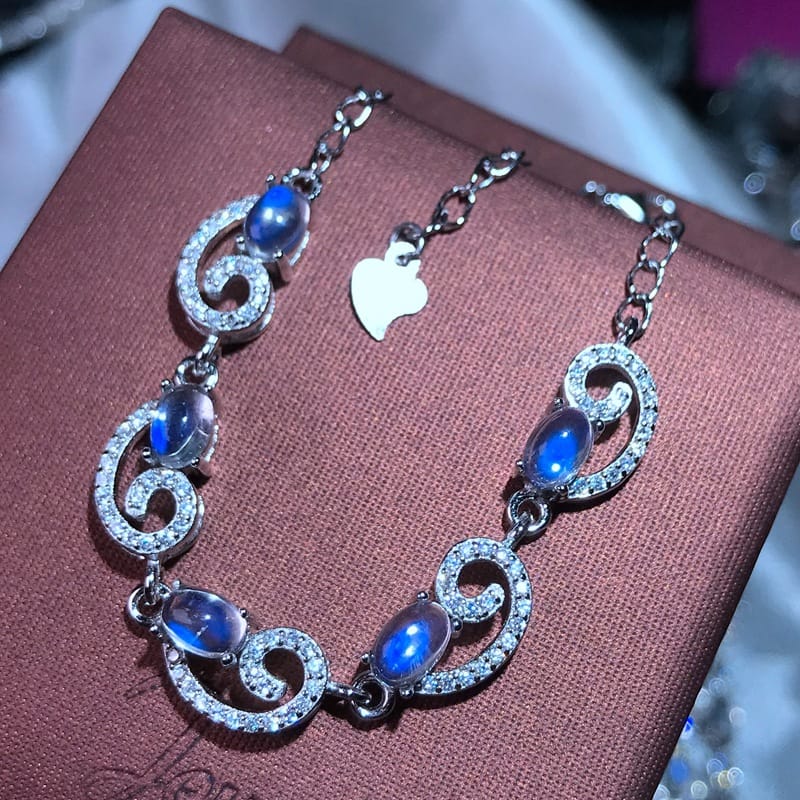 Natural Blue Moonstone Bracelet 925 Silver Inlay Process Vitreous Blue Moonlight