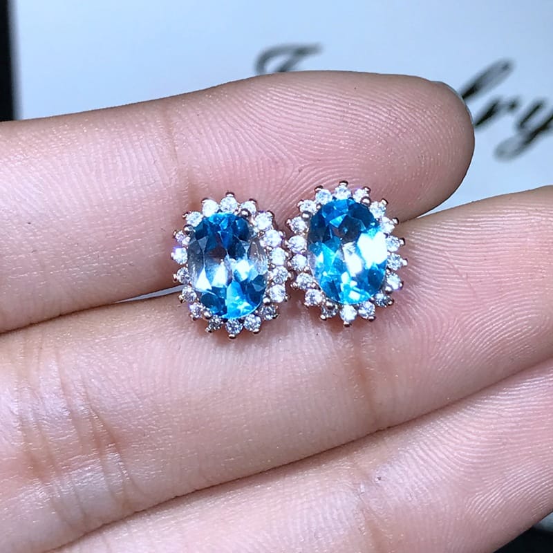 Luxury Stud Earrings Natural Swiss Blue Topaz 925 Sterling Silver Single Grain 2 Karat Wholesale