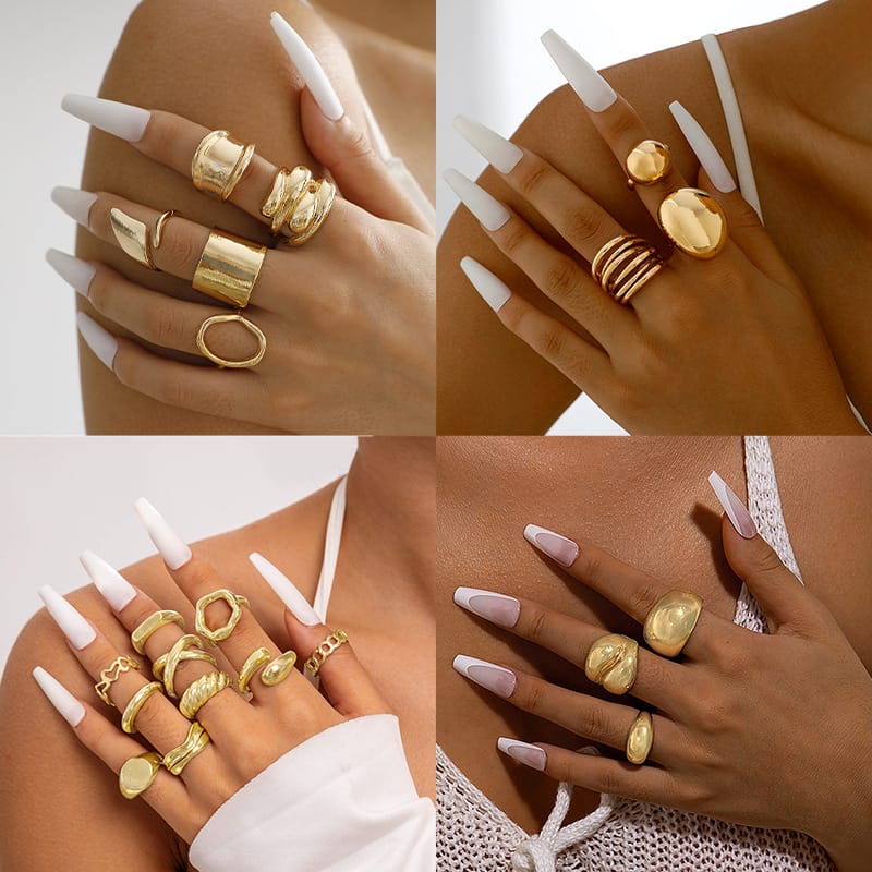 Europe and the United States geometric metal wind lava line ring four-piece irregular smooth opening ring suit