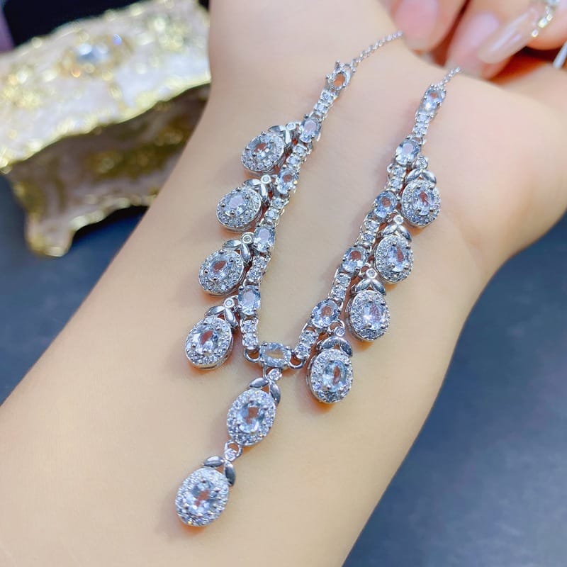 Luxury natural aquamarine clavicle chain 3 * 4mm women's necklace 925 silver wholesale live TikTok supply