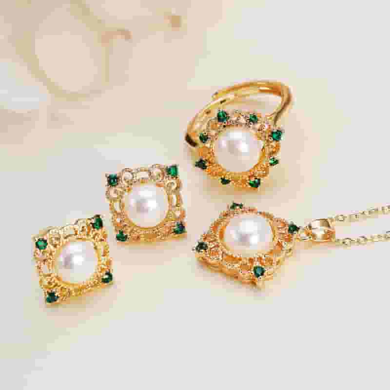 Red wind sweet neck chain earrings ring set 14K gold injection clavicle chain freshwater pearl necklace set