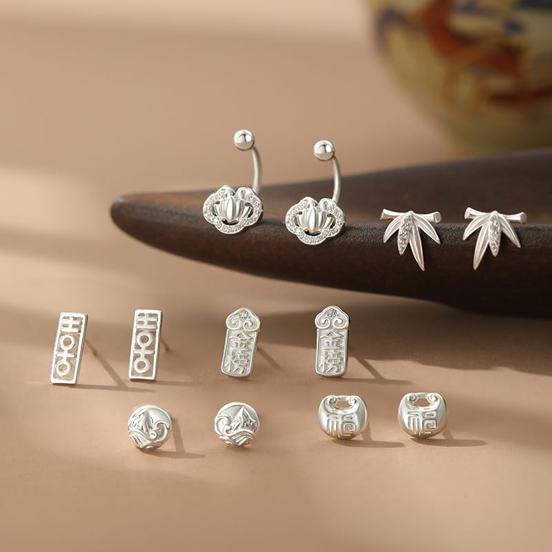 Original S999 Silver Ancient Rhyme Modern Style Series Multi-Element Chinese Ancient Style Temperament Niche Earrings