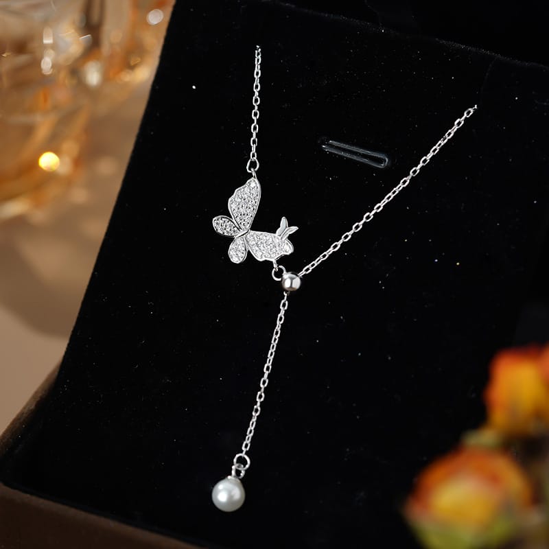 Po S999 Silver Autumn and Winter Explosions Butterfly Pearl Necklace Temperament Sweet Fresh Niche Sweater Chain for Hair