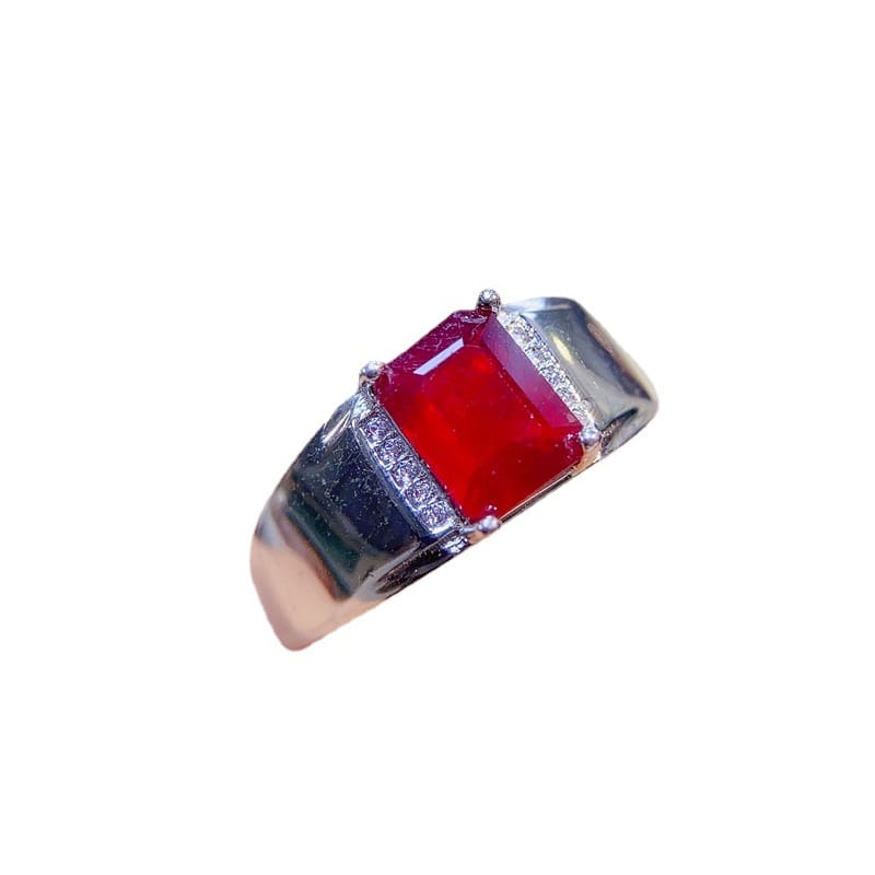 Natural New burnt Ruby male ring small octagonal 6 * 8mm 925 silver ring open mouth wholesale TikTok supply