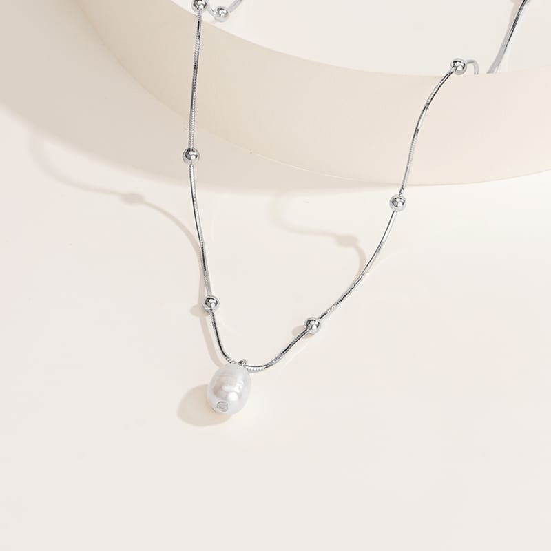 S925 Sterling Silver Elegant Fashion Fresh Water Baroque Pearl Necklace Women's Clavicle Chain Niche Spacer Beads Snake Bone Chain