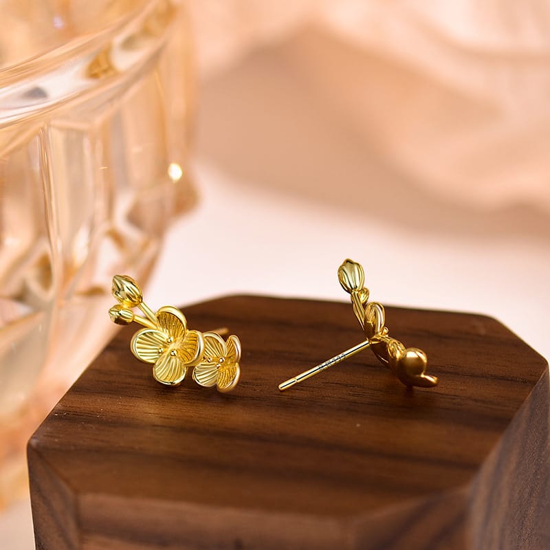 Aobao S999 pure silver earrings women's plaid flower brushed flower bud earrings light luxury high-grade earrings all-matching