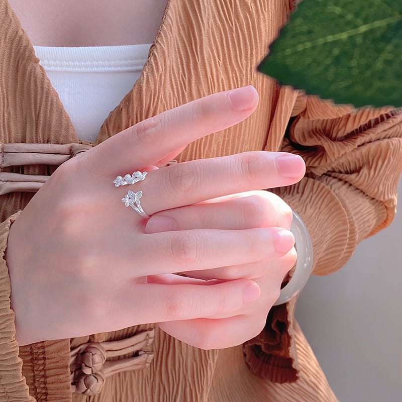 Po S999 Silver Pink Purple Pearl Flower Ring Cute Artistic Style Exquisite All-match Elegant Ring for Hair