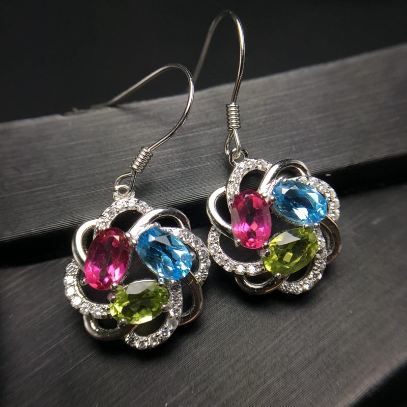 Natural color treasure earrings Europe and the United States exaggerated Topa olivine 925 silver inlay wholesale goods