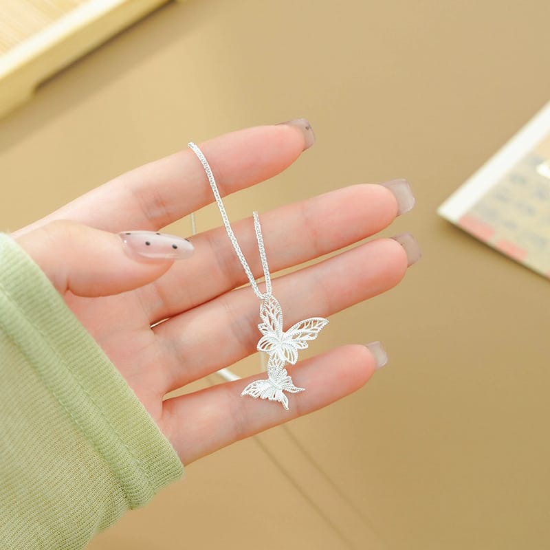 Po S999 Silver High-grade Double Butterfly Necklace Women's Niche Design All-match Fresh and Sweet Clavicle Chain for Hair