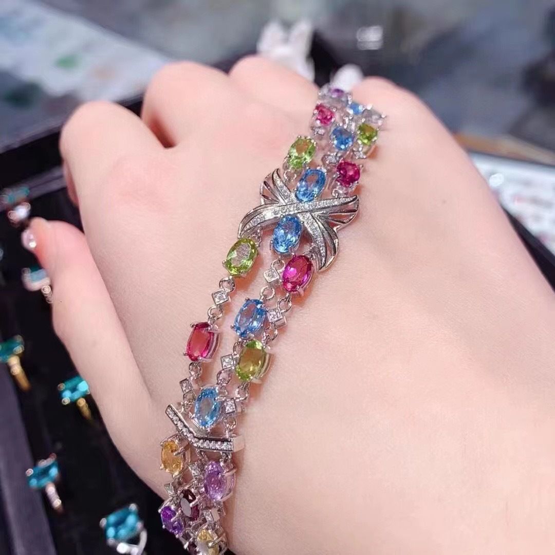 Duobao bracelet natural olivine Garnet diopside citrine amethyst Topaz 925 silver wholesale