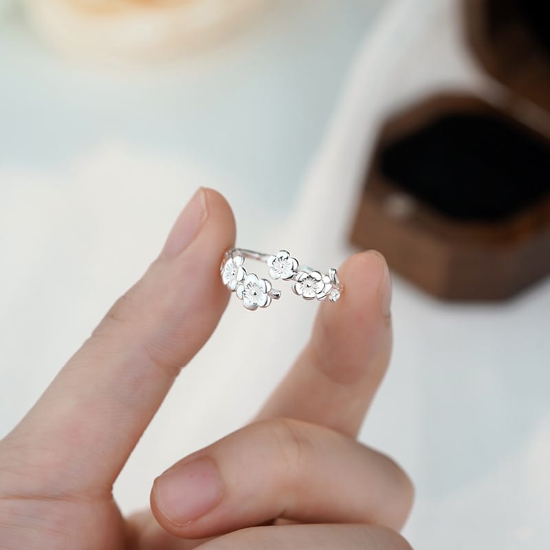 Po S999 Silver Small Fresh Flower Ring Women's Ethnic Style High-end Light Luxury Adjustable Ring for Hair
