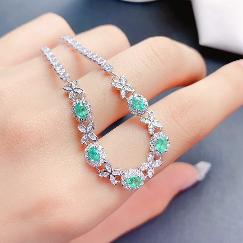 Natural Emerald Bracelet 925 Silver Women's High-end Light Luxury Style Fashion Inspection Live Delivery