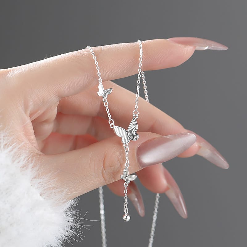 Po S999 Foot Silver Exquisite Butterfly Round Bead Tassel Necklace Women's Light Luxury Sweet High-end Clavicle Chain for Hair