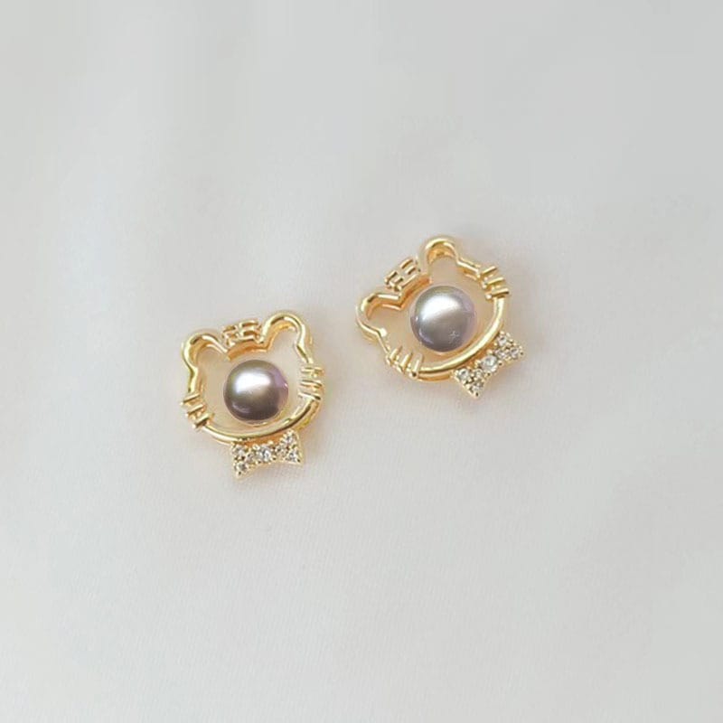 Natural Freshwater Pearl Earrings New Style Small Tiger Head Inlaid Zircon Simple Distinctive Earrings Women's s925 Silver Needle