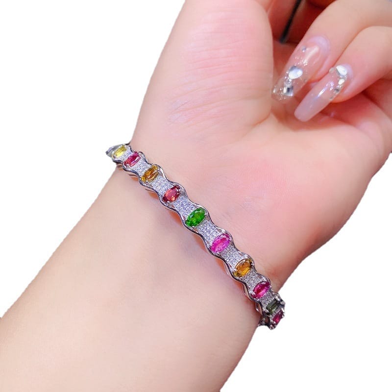 New arrival natural colourful tourmaline stone bracelet 925 silver inlaid gift