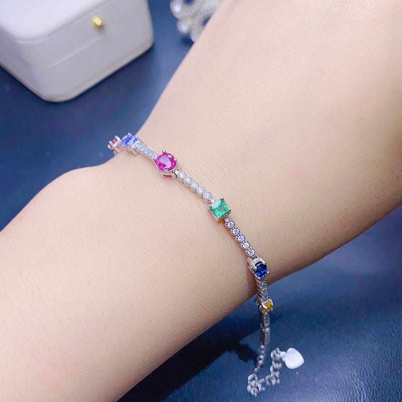 Natural Emerald Sapphire Ruby Tanzanite Bracelet Duobao Inlaid 925 Silver Wholesale