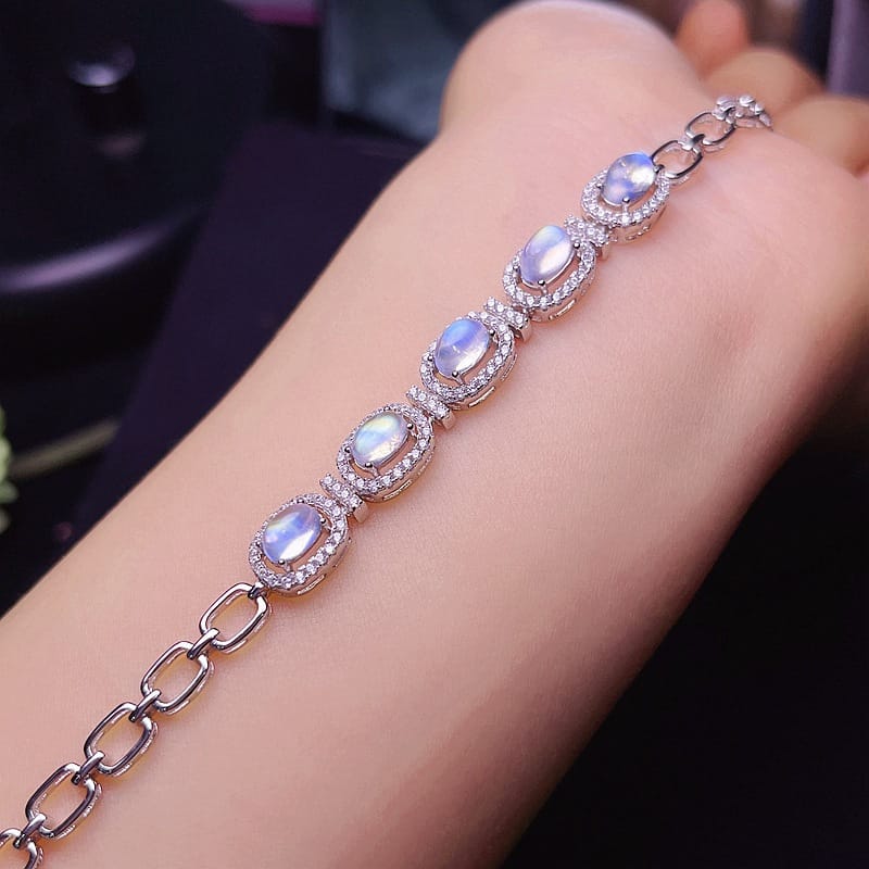 925 silver inlaid natural blue Moonstone bracelet wholesale crystal clean with plus long chain adjustable