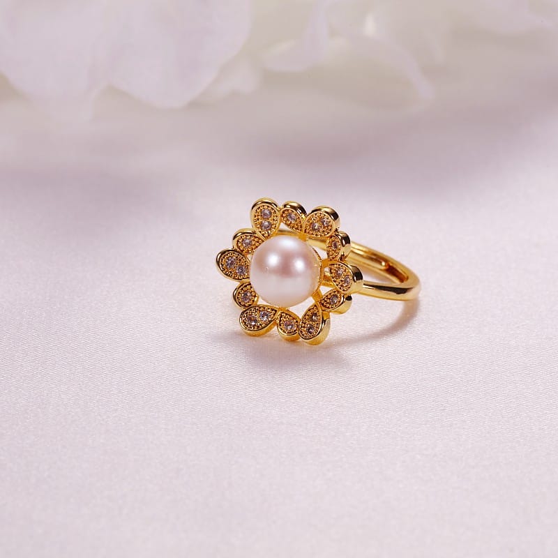 Pearl Jewelry Opening Adjustable Ring Real Gold Electroplated Micro-inlaid Zircon Freshwater Pearl Ring