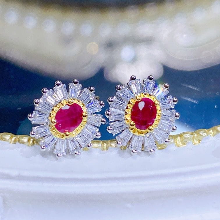 Natural Ruby stud earrings 925 silver inlaid simple exquisite