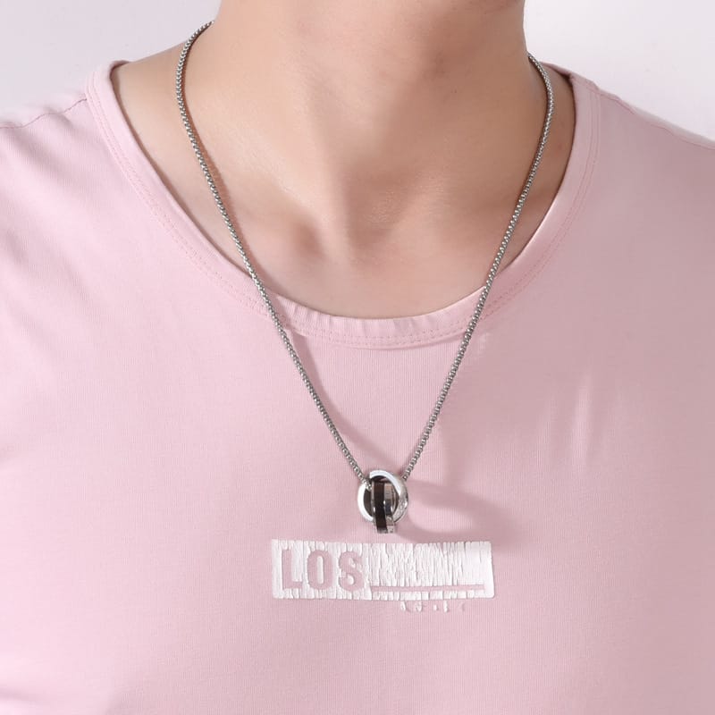 Fashion Titanium Steel Double Ring Necklace TikTok Hip Hop ins Trendy Men's Distinctive Crystal Pendant Long Woolen Chain Accessories