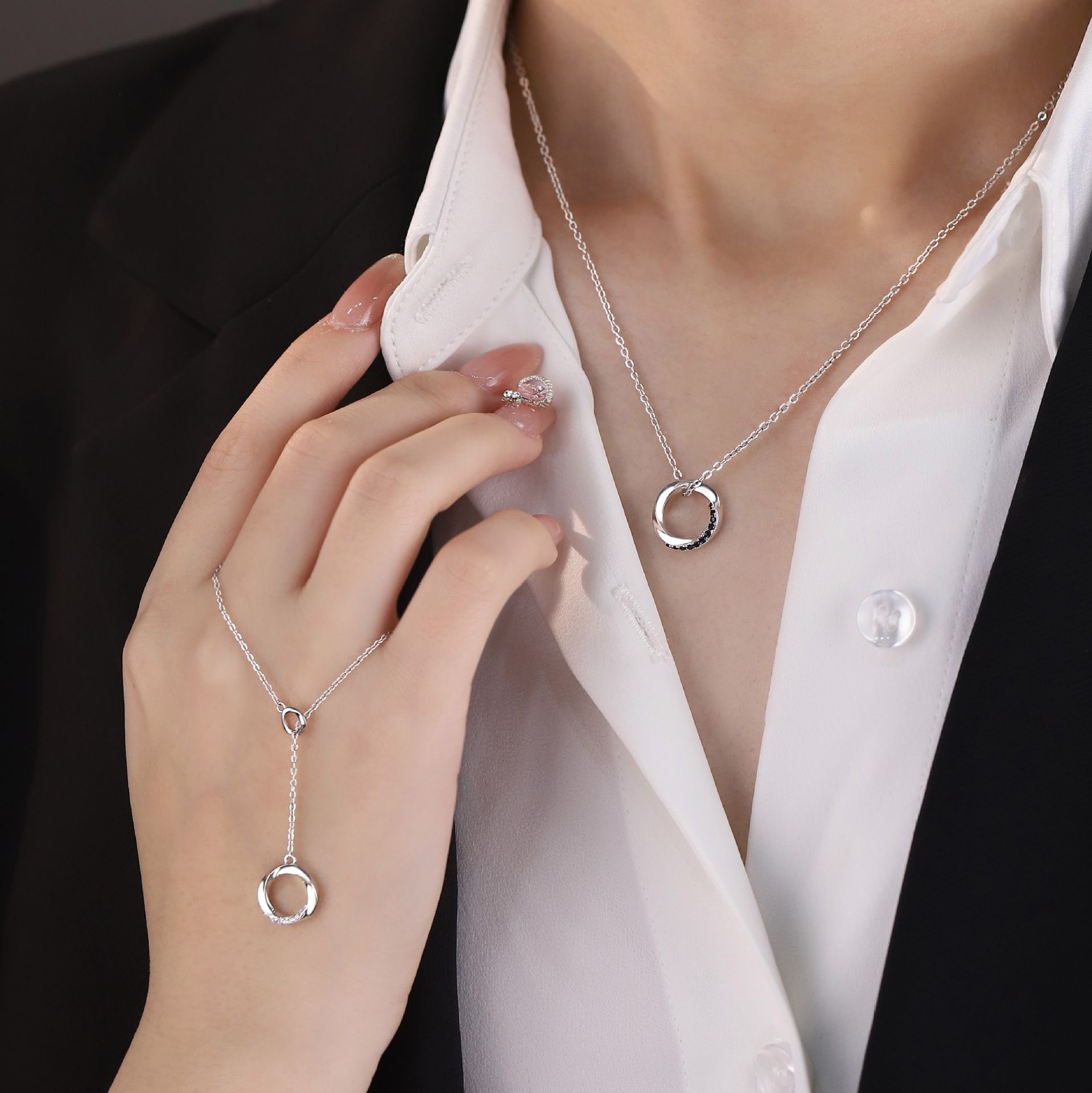 Original Po S999 Foot Silver Mobius Ring Necklace Lovers Elegant Valentine's Day Clavicle Chain