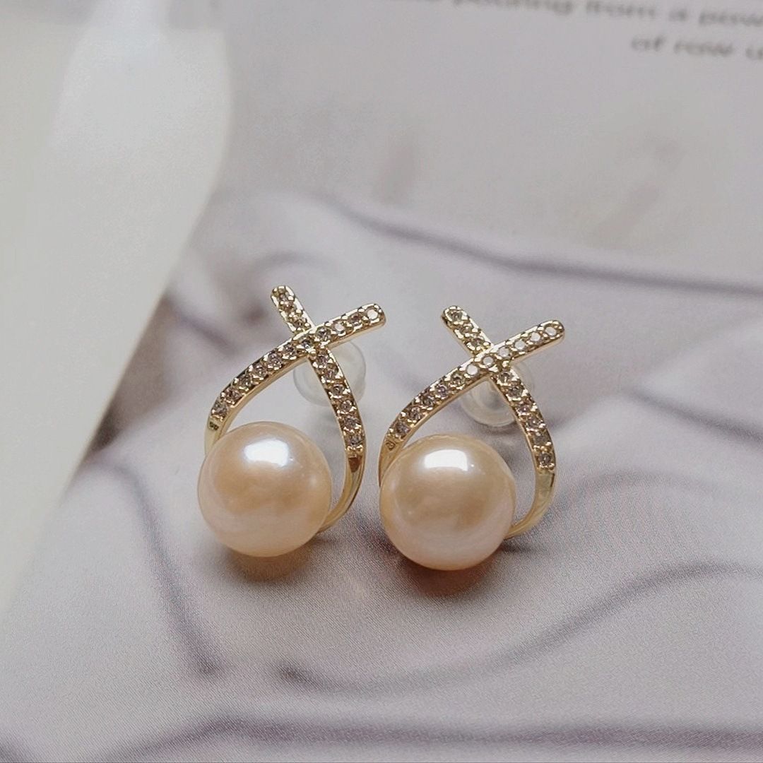 Letter X Freshwater Pearl Earrings Women's Popular Lines Fashion Modeling Earrings Niche Design Light Luxury Earrings Silver Pin