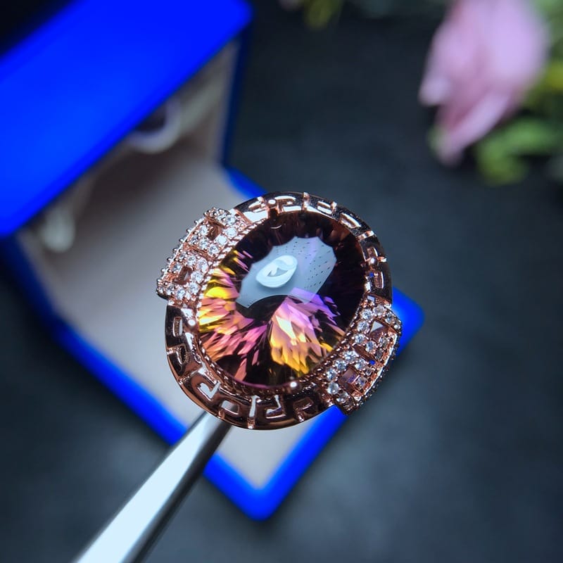  925 silver plating rose gold purple yellow crystal ring adjustable