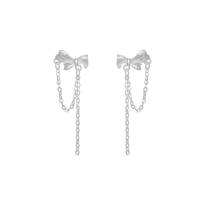 Po S999 Silver Bow Tassel Chain Earrings Fresh Pastoral Style Sweet Girl's All-match Earrings for Hair