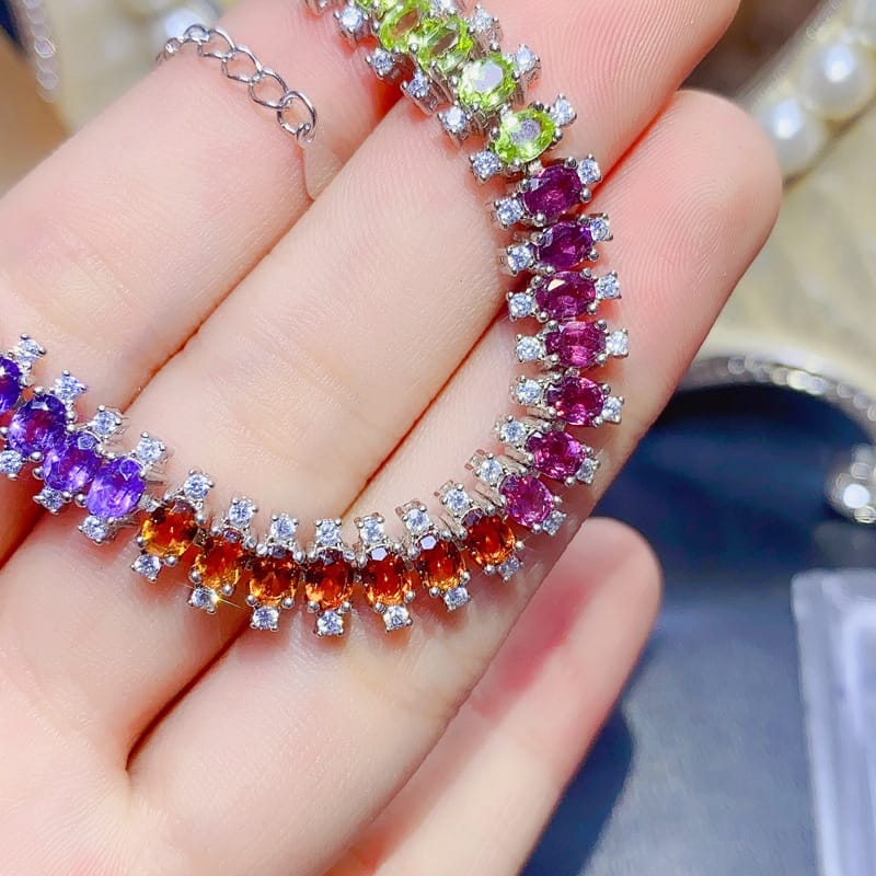 Duobao bracelet natural olivine Garnet diopside yellow crystal amethyst Topaz 925 silver wholesale